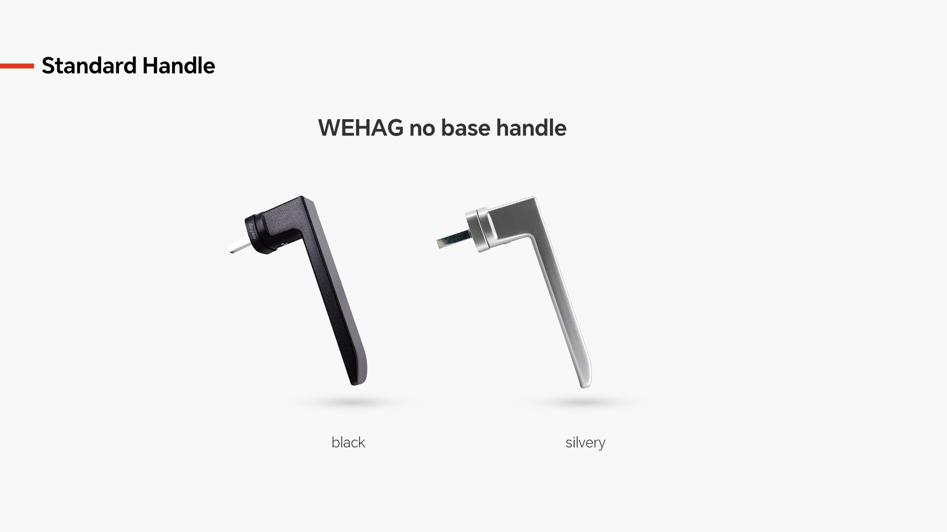 Available in black or silver finish, this handle operates without a base plate for a cleaner appearance. The ergonomic grip fits comfortably in hand and requires minimal force to operate. It connects directly to multi-point locking systems for secure window closure. WEHAG Standard Handle