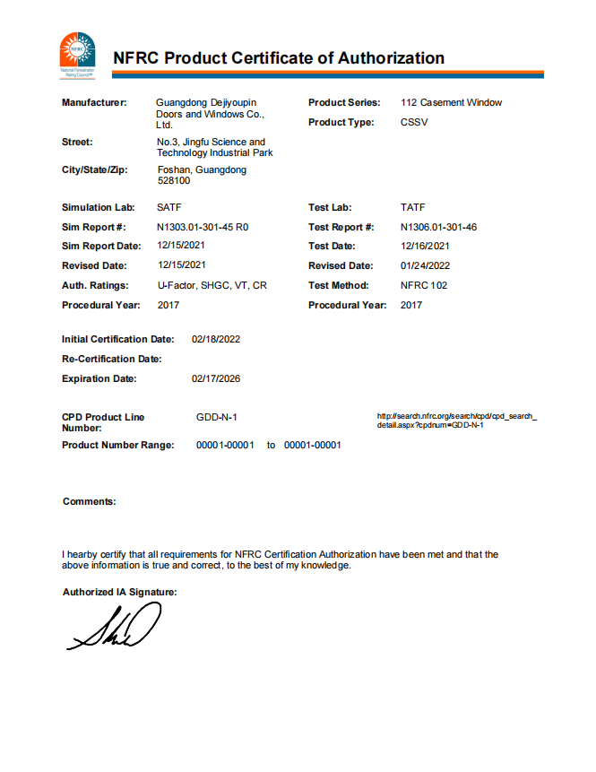 NFRC Product Certification for DERCHI Q5 Series Sliding Doors, highlighting energy efficiency and thermal performance.