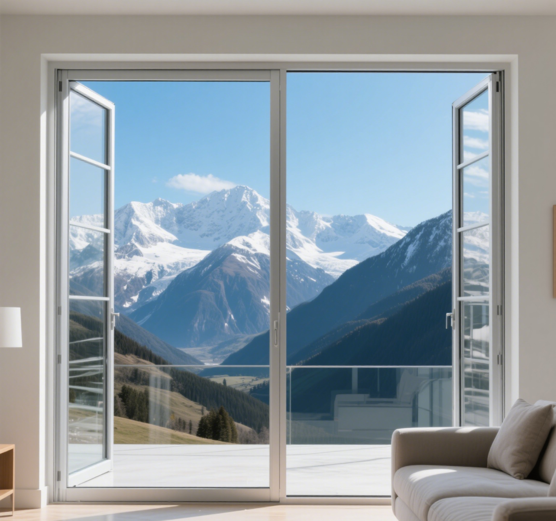 Open windows showing mountain view