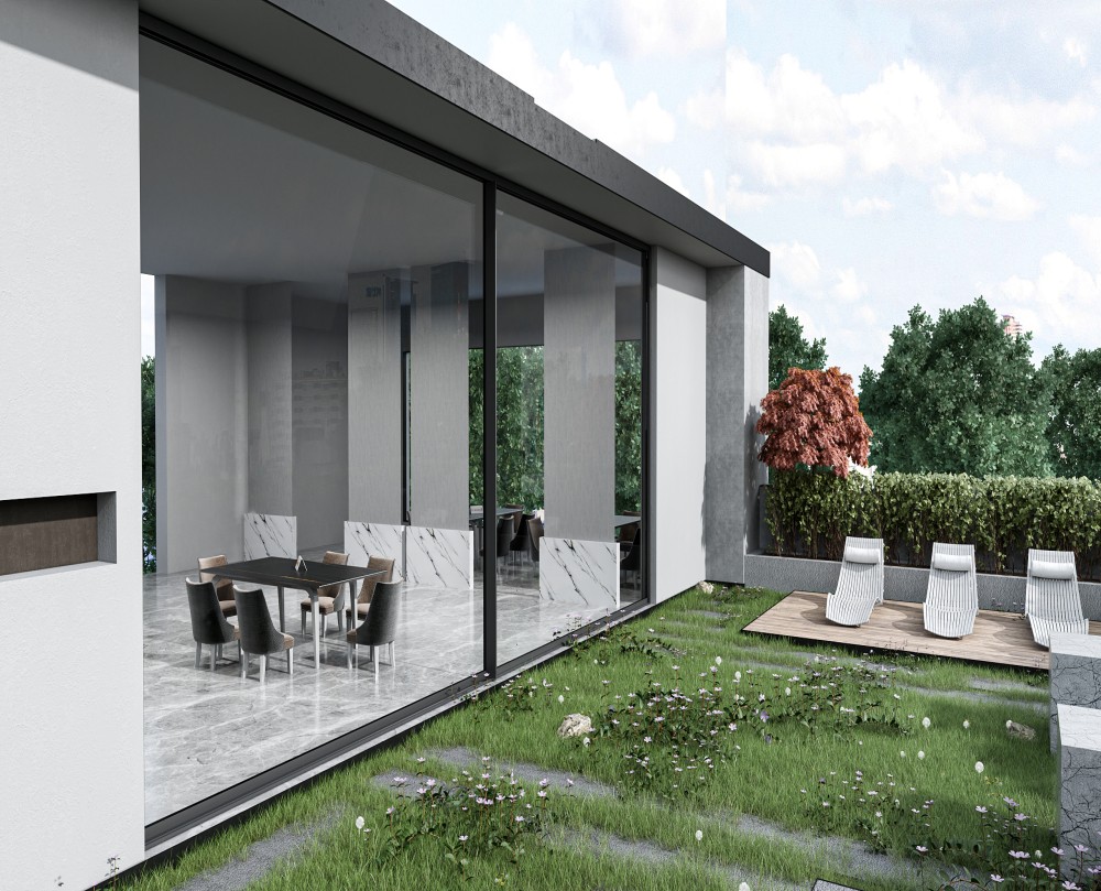 WT-103 Series sliding door connecting an indoor living space to an outdoor patio area