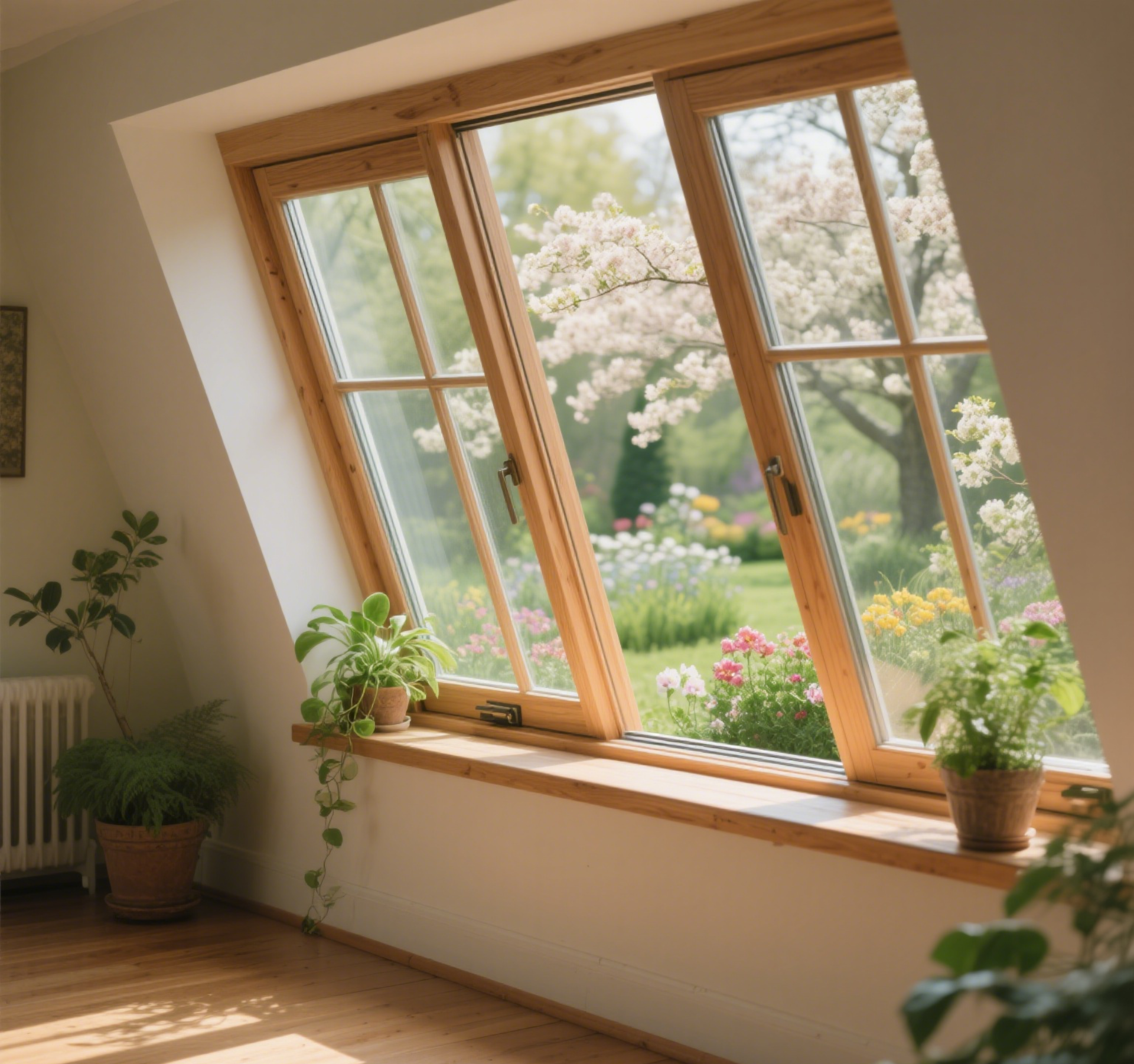 Wooden windows with garden view