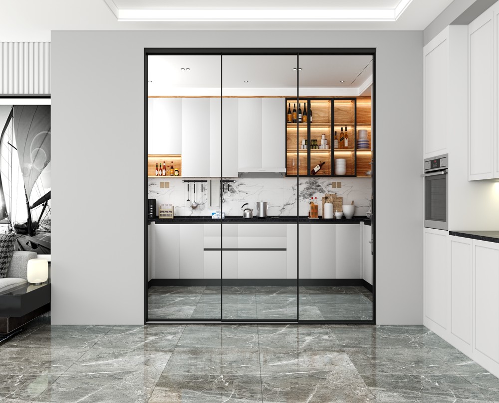 WT-103 Series top hung sliding door installed in a compact apartment as a room divider