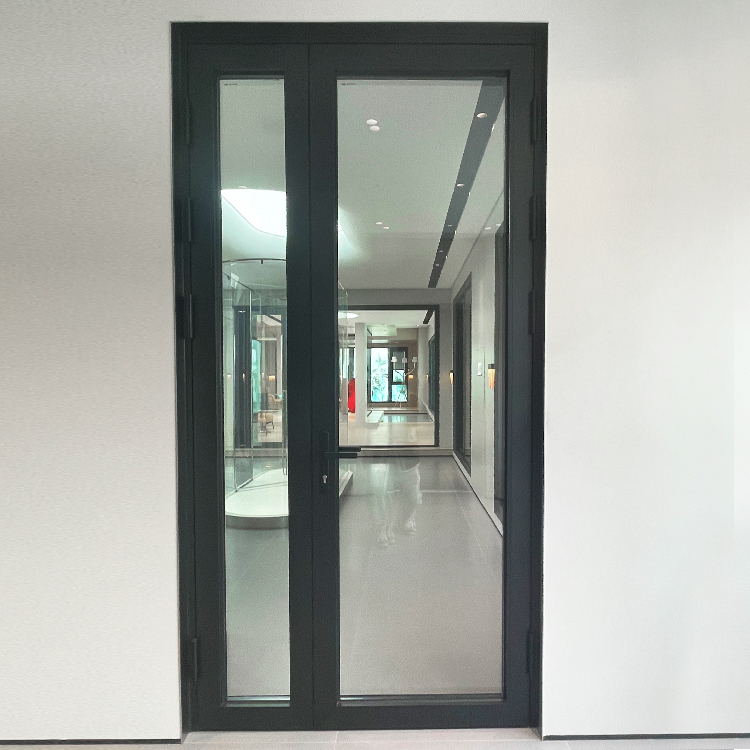 Imaxe da porta abatible acristalada P103 que mostra un marco escuro e un panel de vidro