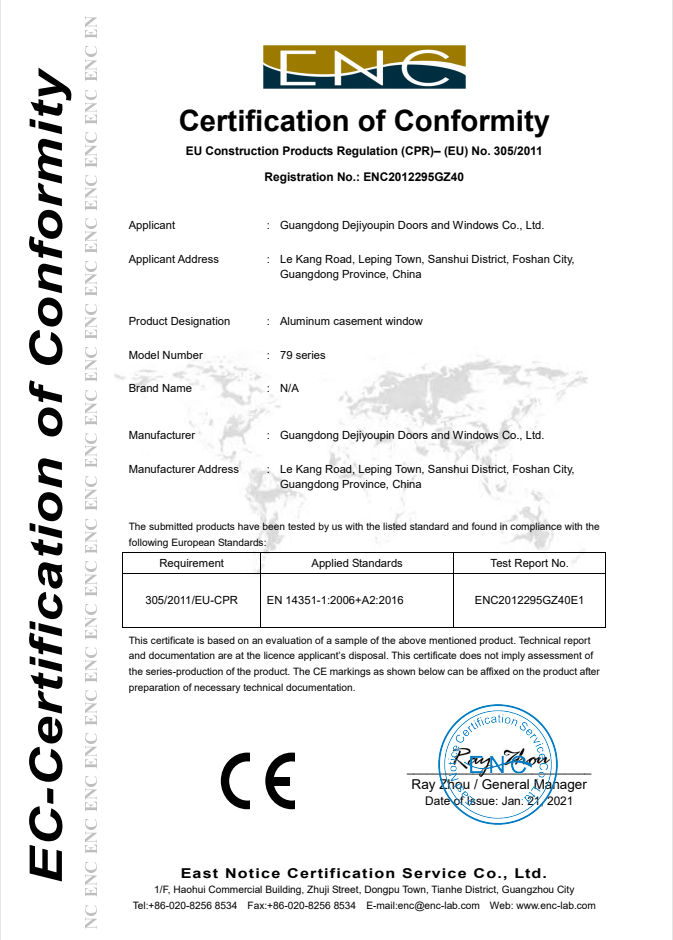 CE Certification of Conformity for DERCHI Q5 Series Sliding Doors, ensuring compliance with EU safety and performance standards.