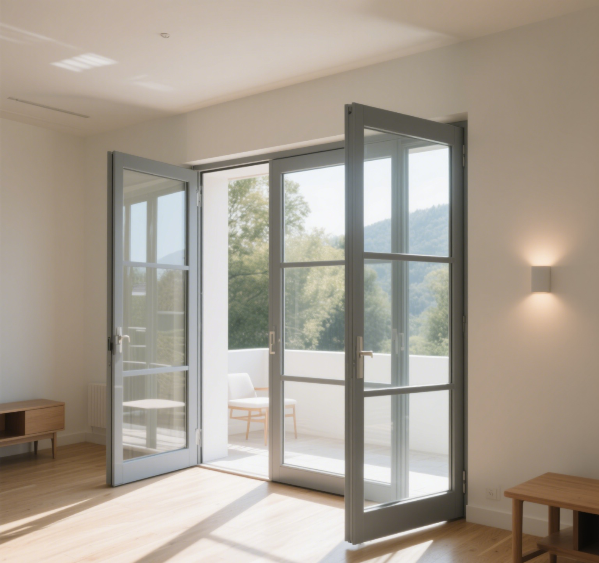 Open grey doors to outdoor view