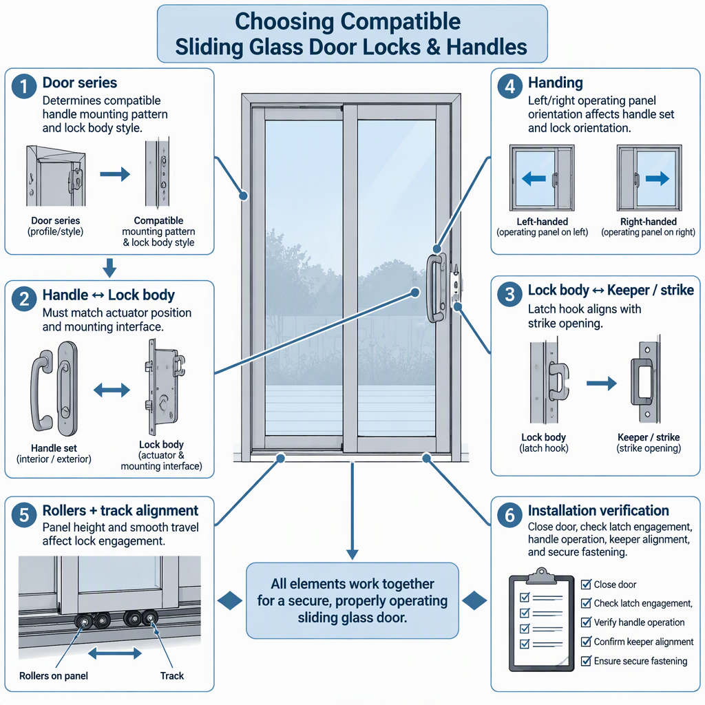 Compatibility diagram connecting door series, handle, lock body, keeper, handing, and installation check