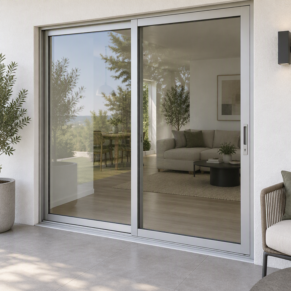 Sliding glass patio door with frame, track, handle, and lock area visible