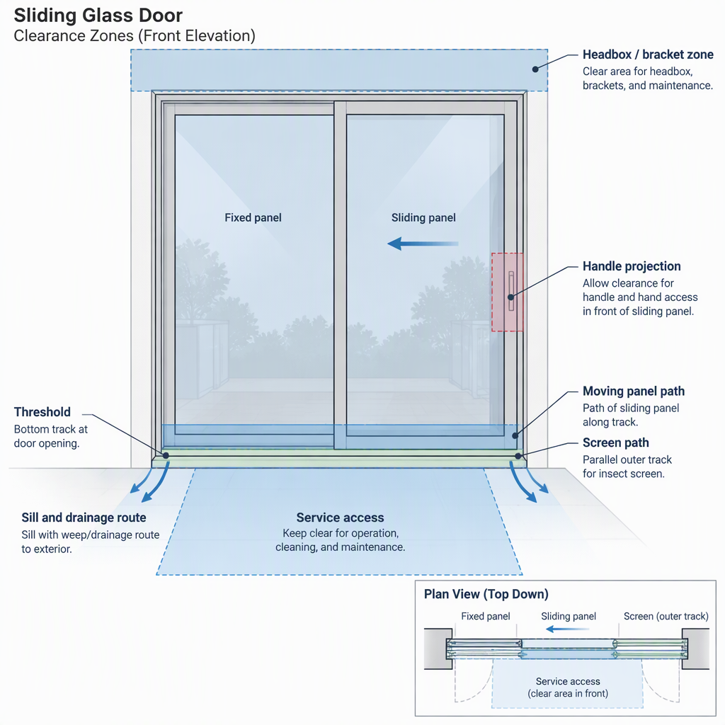 Diagram of clearance zones around a sliding glass door for exterior blinds