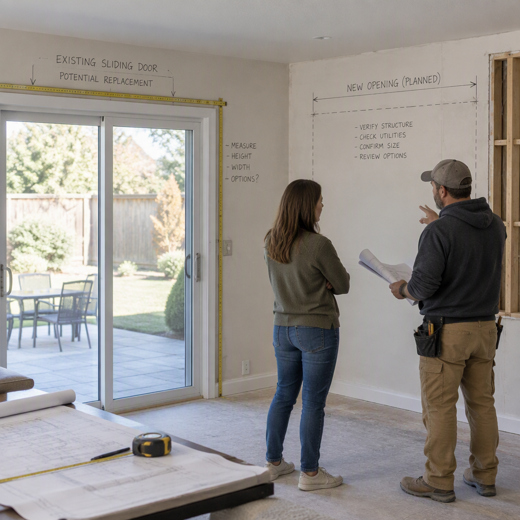 Homeowner comparing an existing patio door replacement with a planned new exterior wall opening