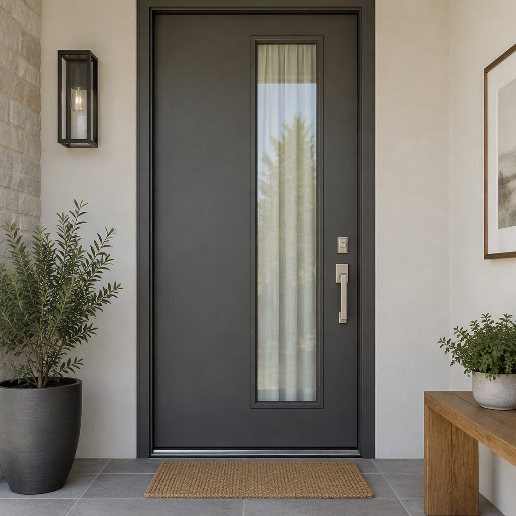 Front entry door with glass, a privacy curtain layer, and clear handle access