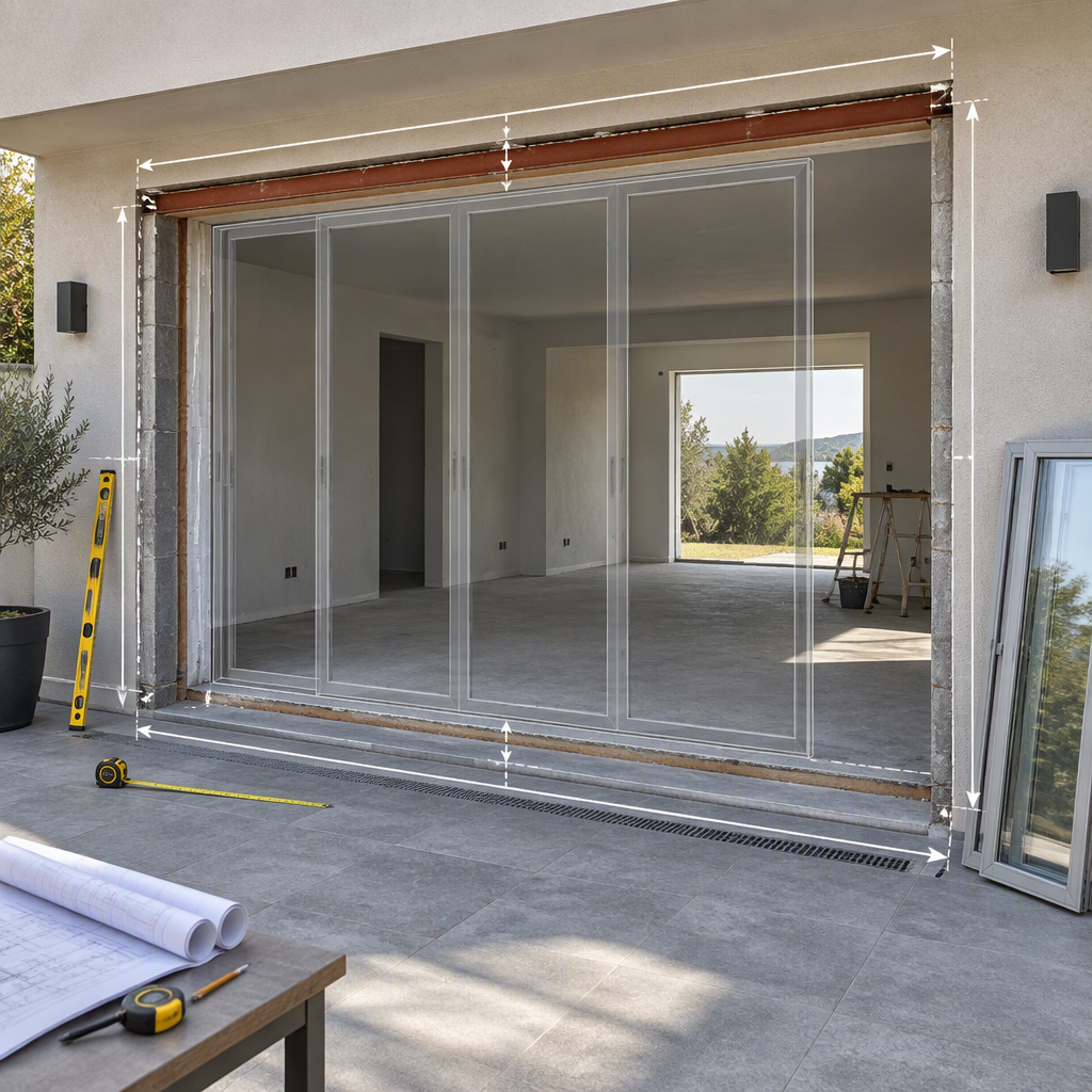 Wide roller door opening being evaluated for a multi-panel sliding glass door with header, jamb, sill and drainage labels