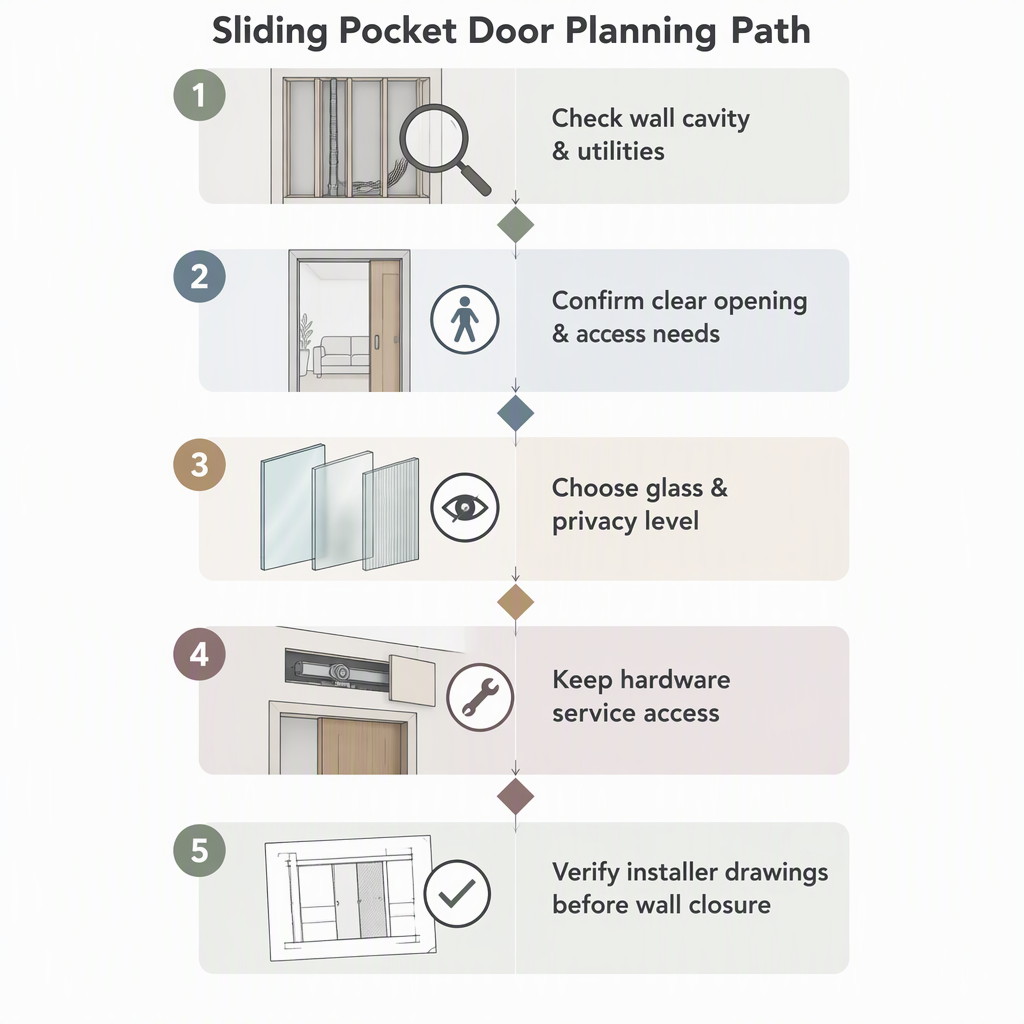 Decision path for checking wall cavity, clear opening, glass privacy, hardware access, and installer drawings