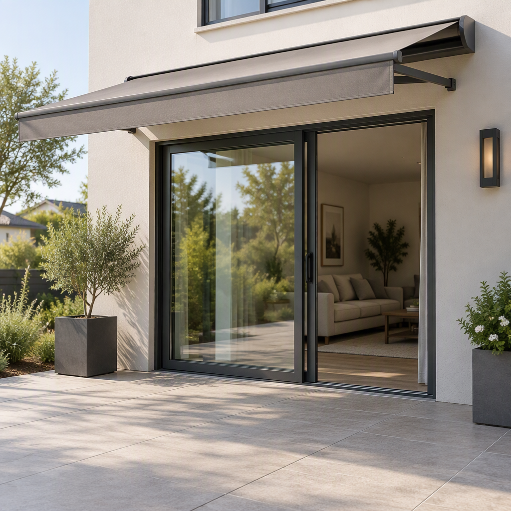 Sliding glass door opening with exterior shade concept and clear operating area