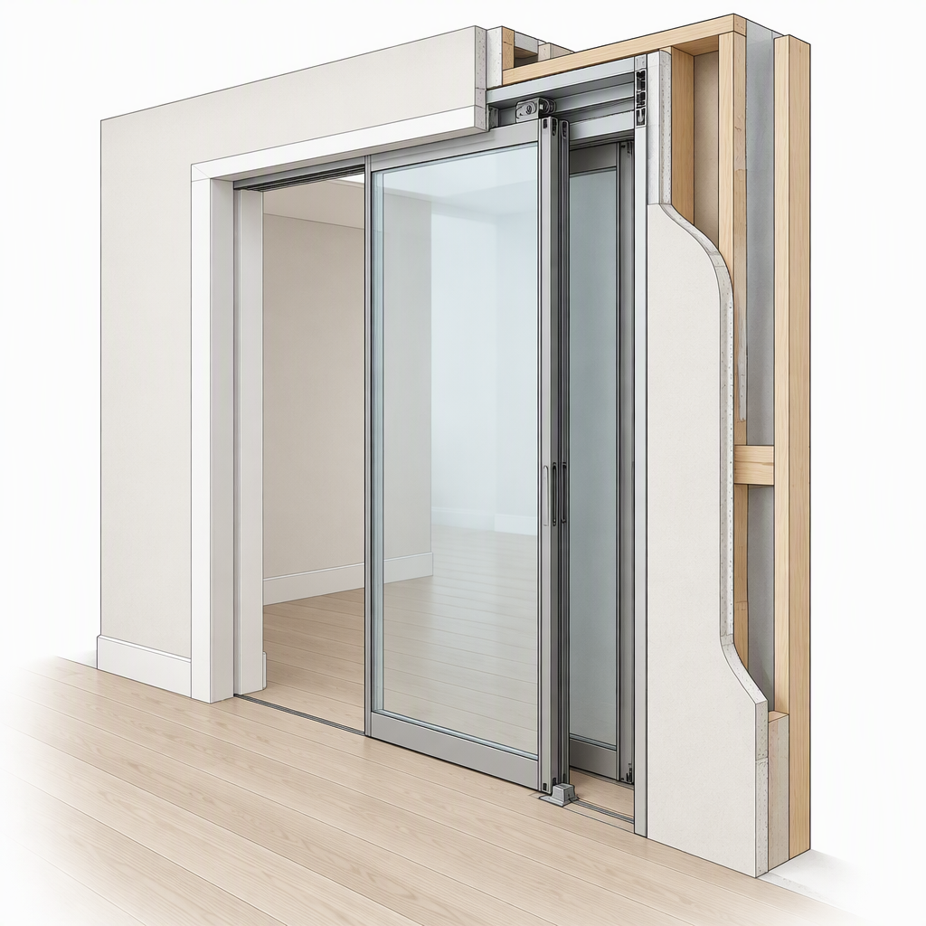 Illustration of a sliding glass door panel moving into a wall pocket with the cavity and opening visible