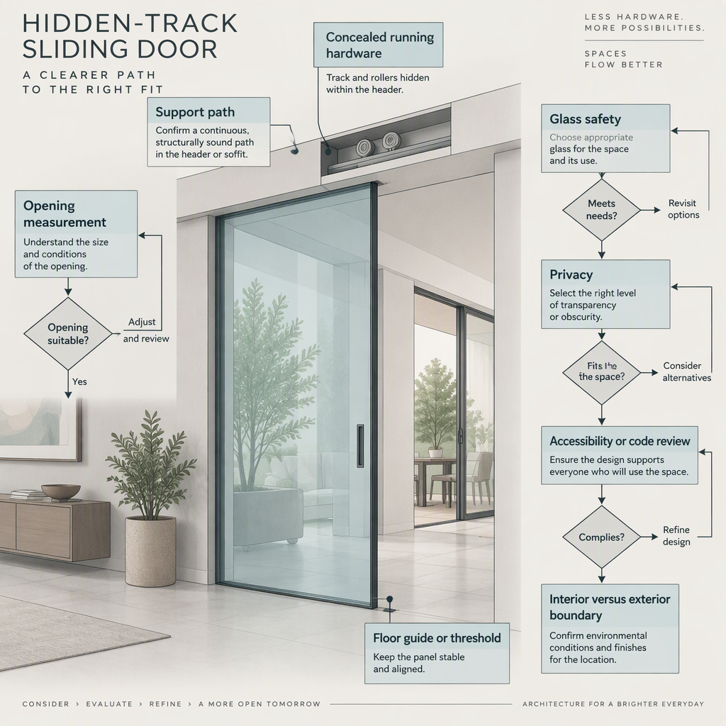 Decision path for checking opening support hidden hardware floor guide glass safety accessibility and interior use