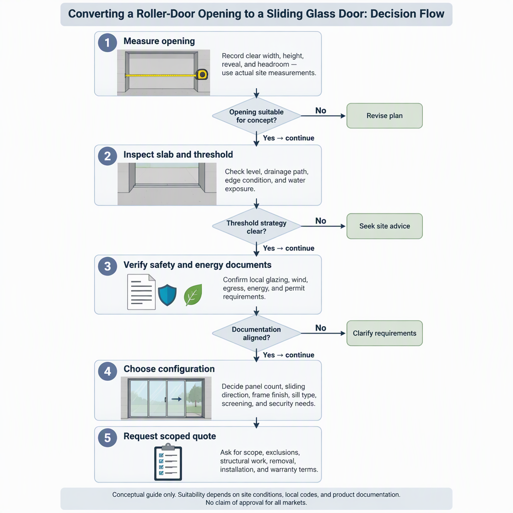 Decision workflow for measuring the opening, checking the slab, verifying documents, choosing configuration and requesting a scoped quote