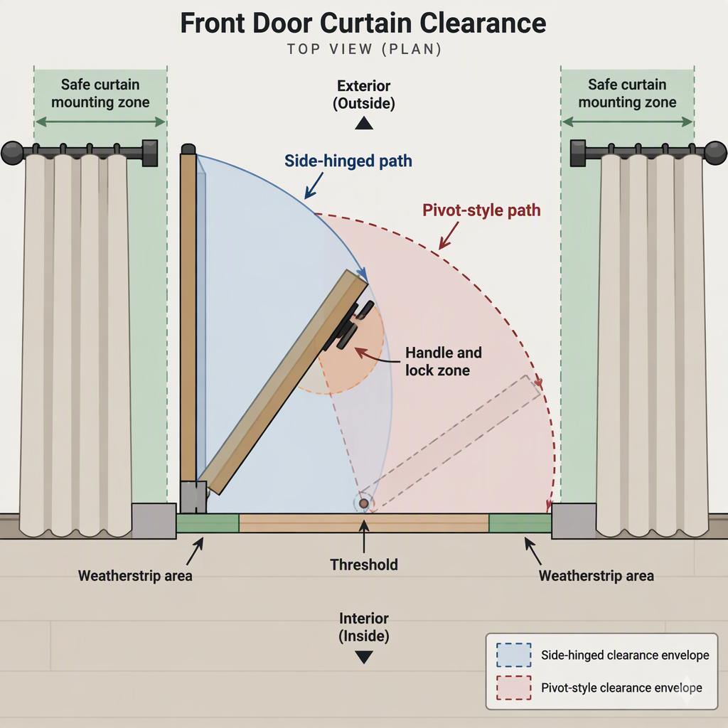 Door swing clearance diagram showing hinge path, pivot path, handle zone, threshold, and safe curtain areas