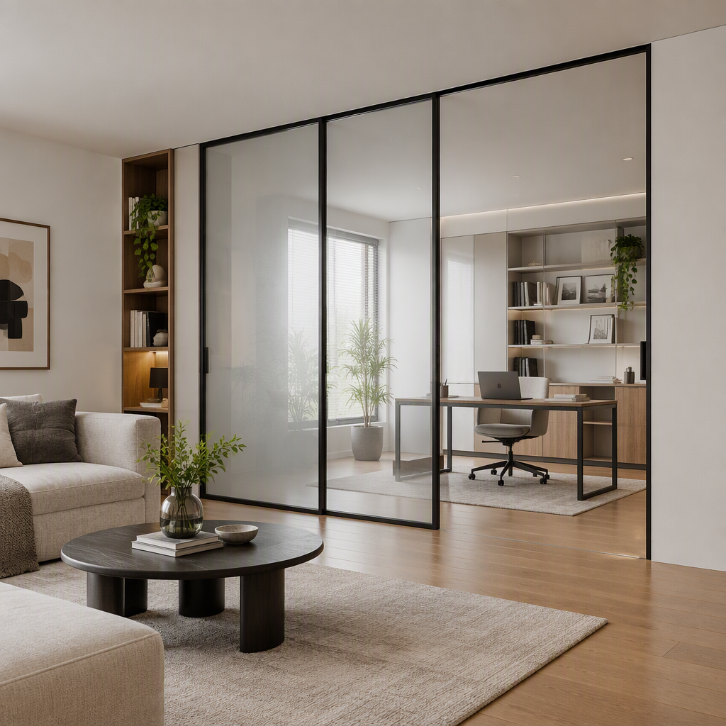 Interior aluminum glass sliding door with a concealed top track dividing a modern room