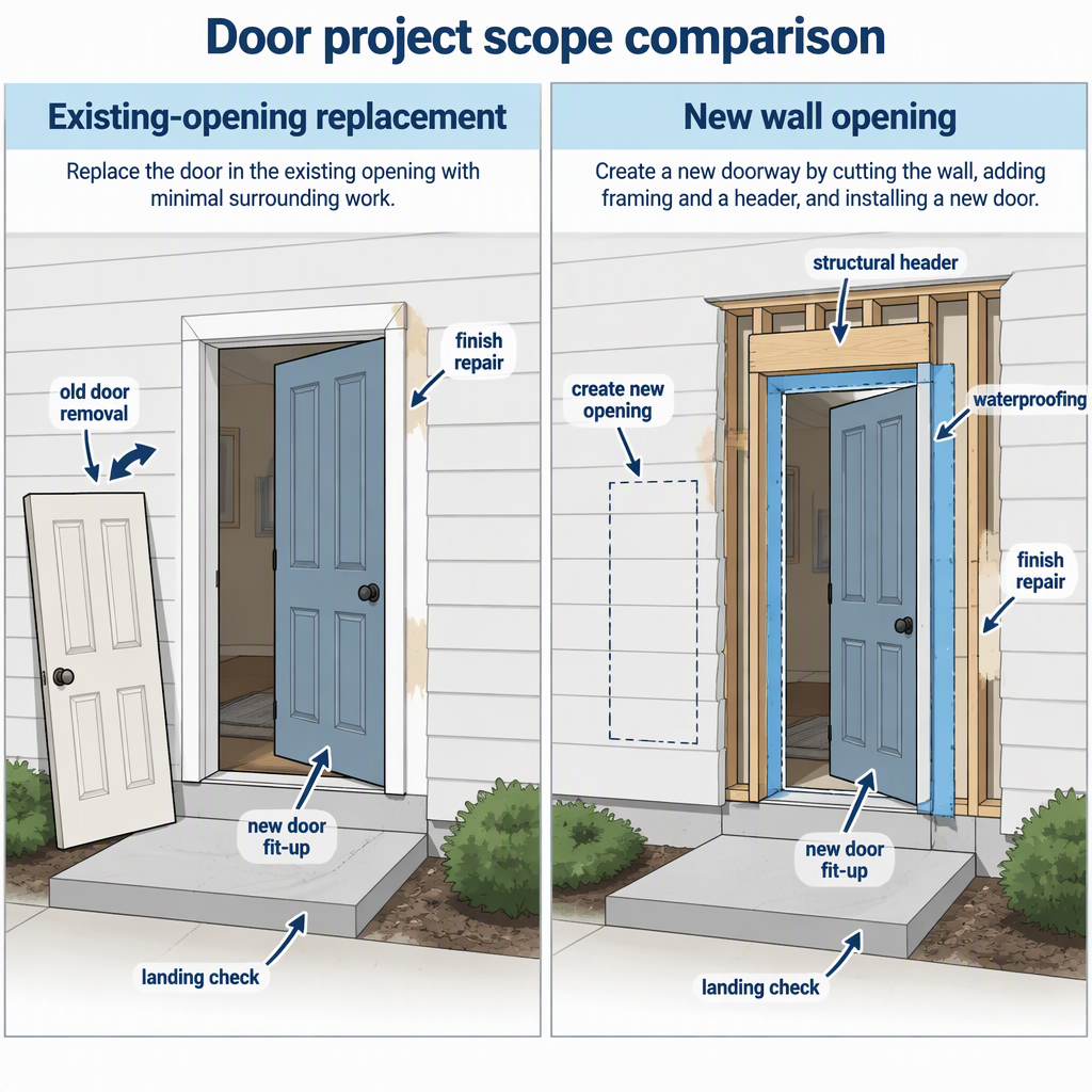Side-by-side diagram comparing sliding door replacement with a new wall opening scope